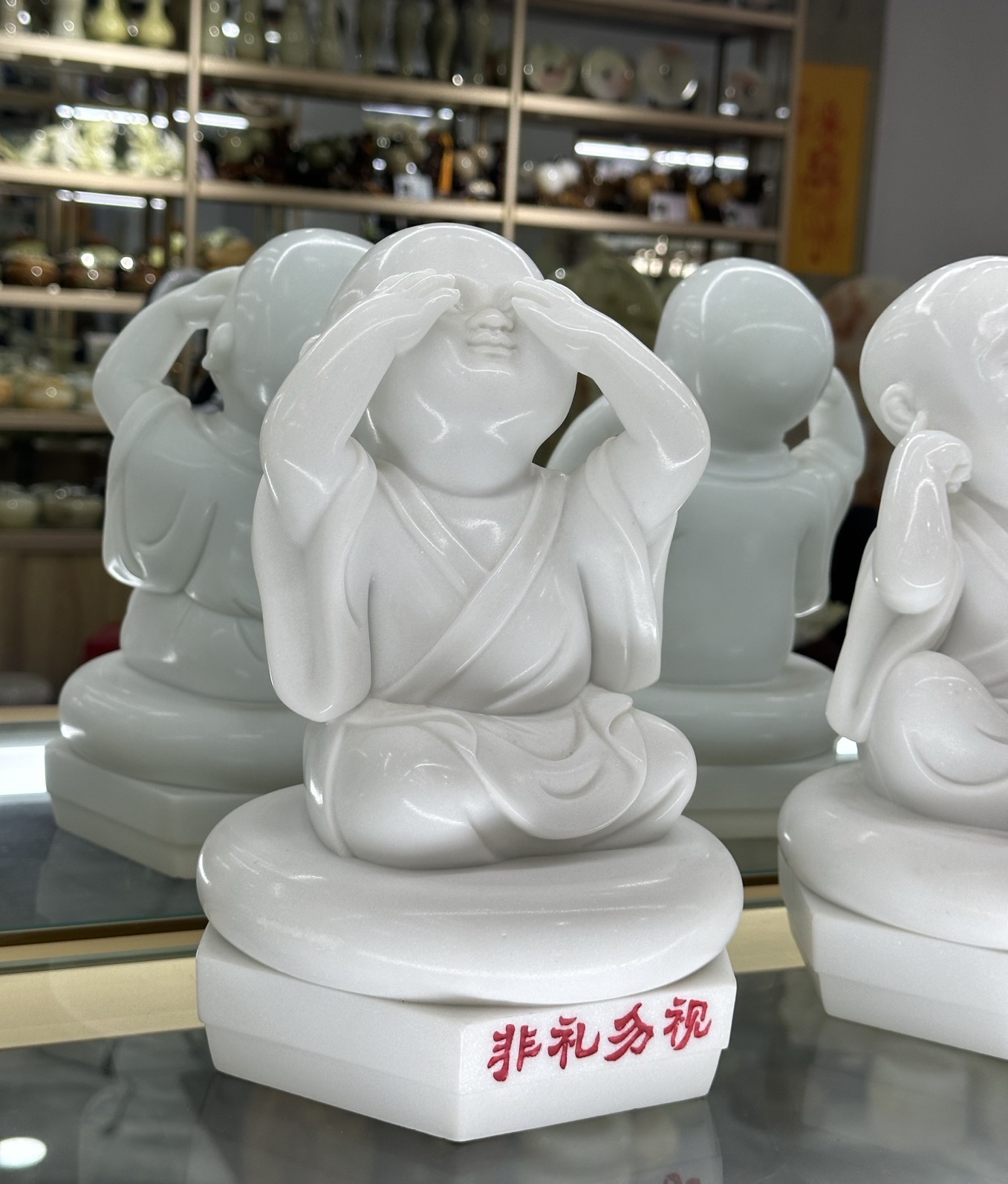 中式禅意小和尚摆件汉白玉四不小和尚摆件
