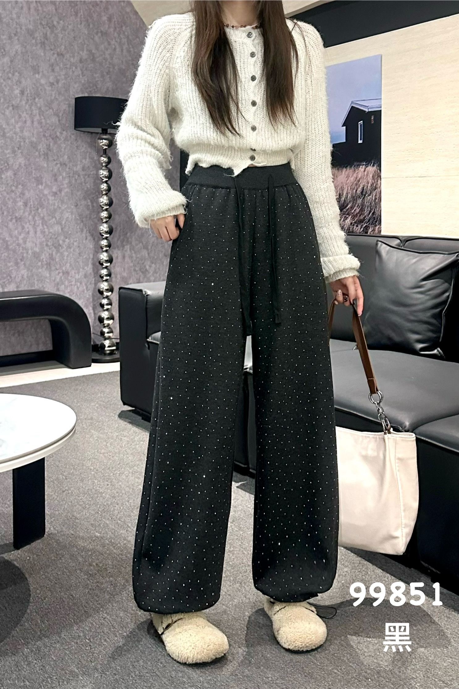 满天星压钻显瘦弯刀裤休闲裤女冬季新款设计感洋气加绒加厚气质