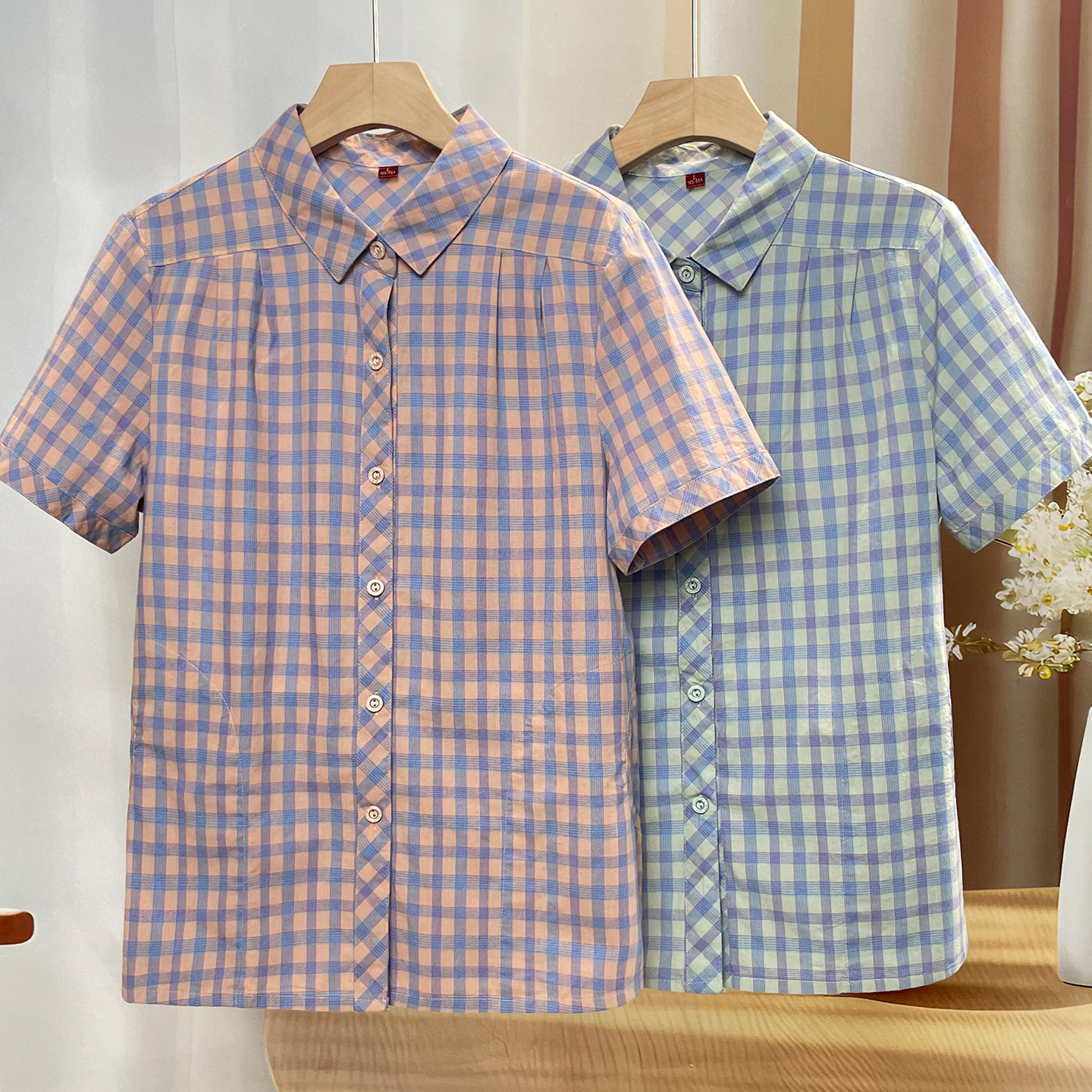 奶奶夏装纯棉短袖衬衫中老年人妈妈夏季全棉衬衣格子婆婆宽松衣服