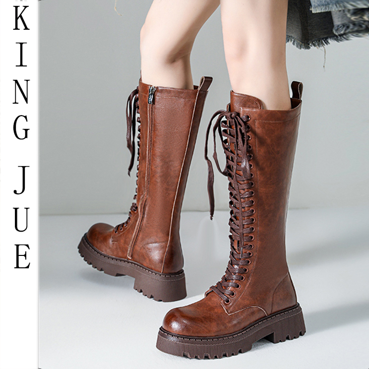 【王爵】真皮前绑带厚底骑士靴/6厘米高筒不过膝长靴/加绒加肥靴子