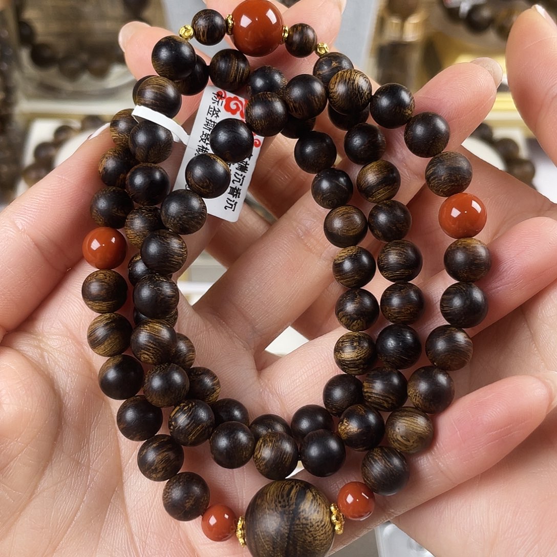 优***优手串沉香越南芽庄老白棋窖藏古董玉化瘤疤虎斑0.8×108