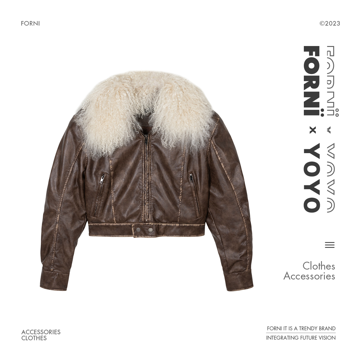 FORNI × YOYO 半夜汽笛 气质羊毛毛领短款时尚机车风皮质赛博外套