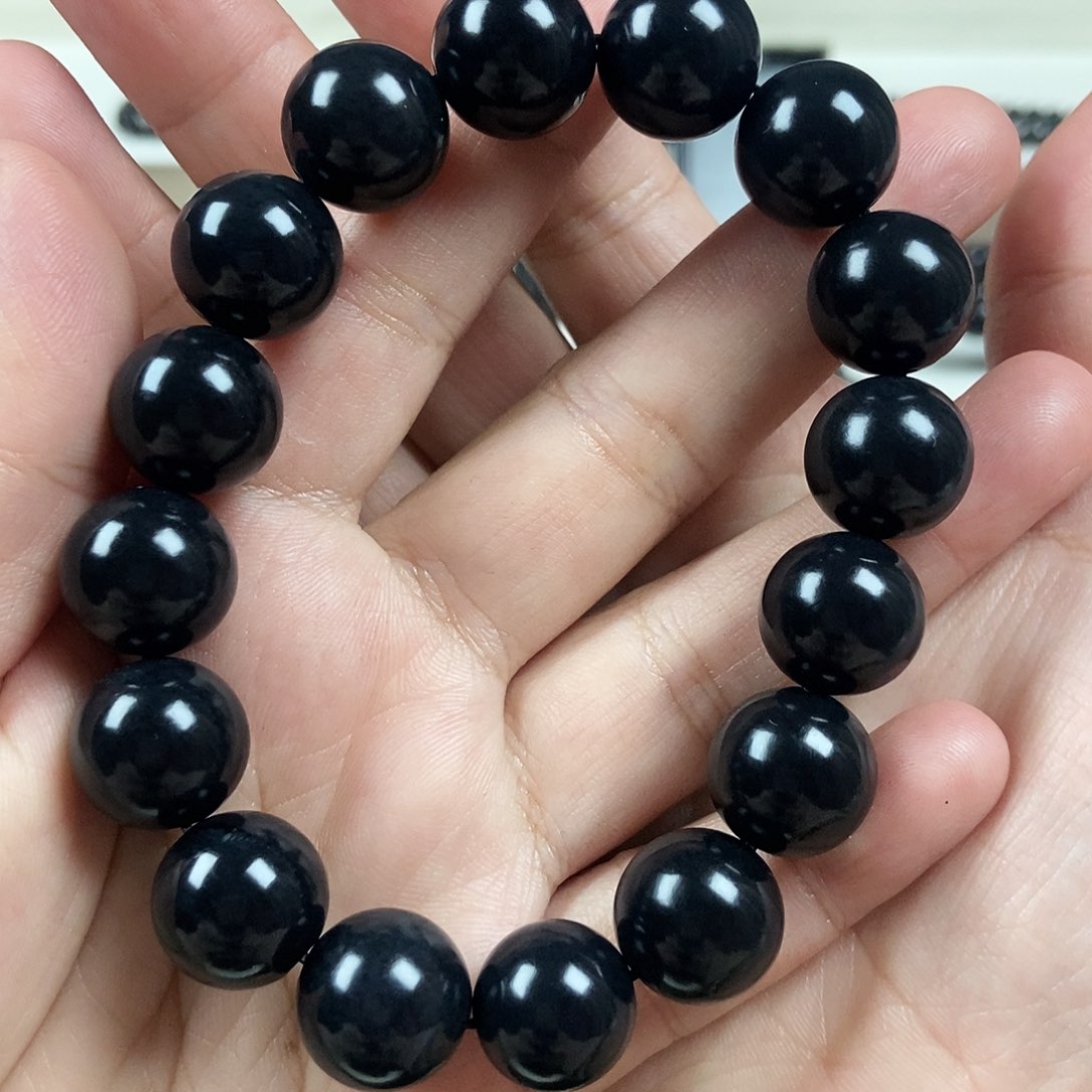 和田玉（墨玉）卡14圆珠99墨手串未镶嵌丁*森