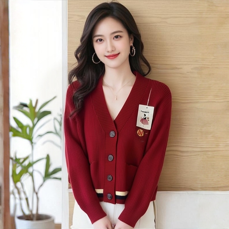 毛针织衫百搭时尚休闲毛衣开衫V领冬新款女