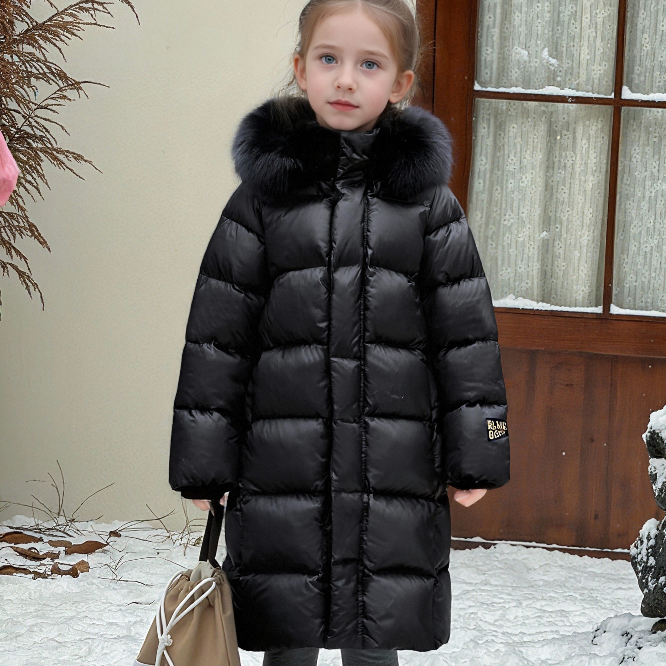 黑色5.0儿童羽绒服狐狸毛领长款白鸭绒加厚保暖面包服亲子装外套
