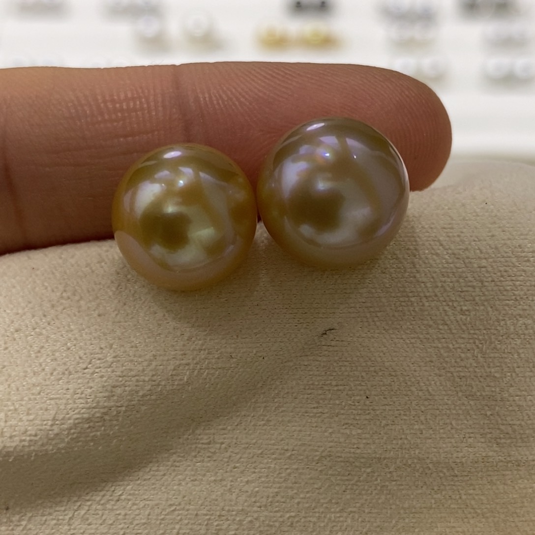 银S925镶嵌耳饰海水珍珠金珠耳饰12.8-13m m特价