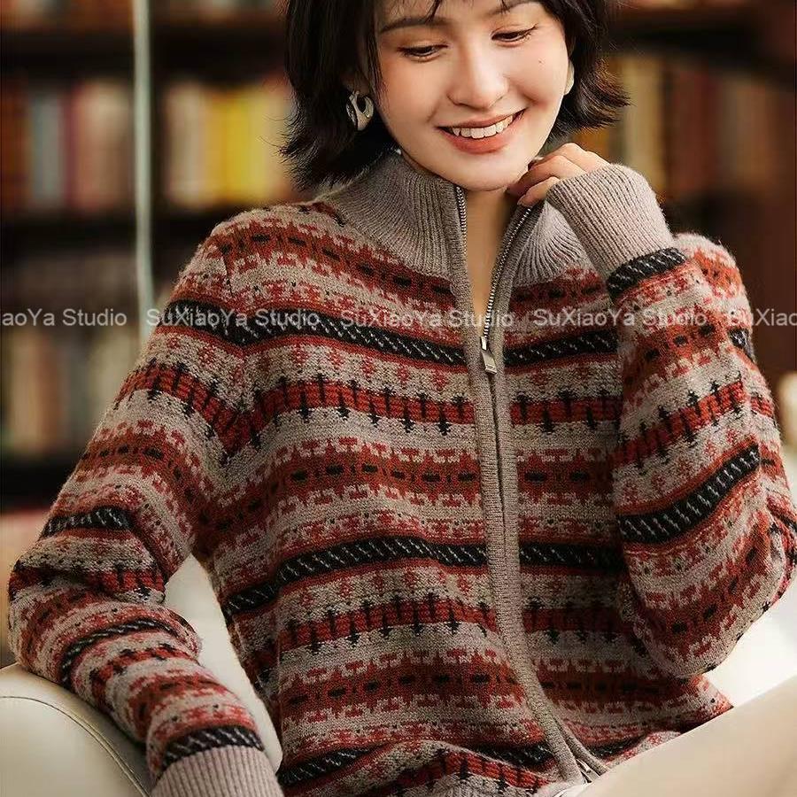 【巴恩风·复古撞色】秋冬加厚复古条纹宽松慵懒显瘦针织毛衣外套