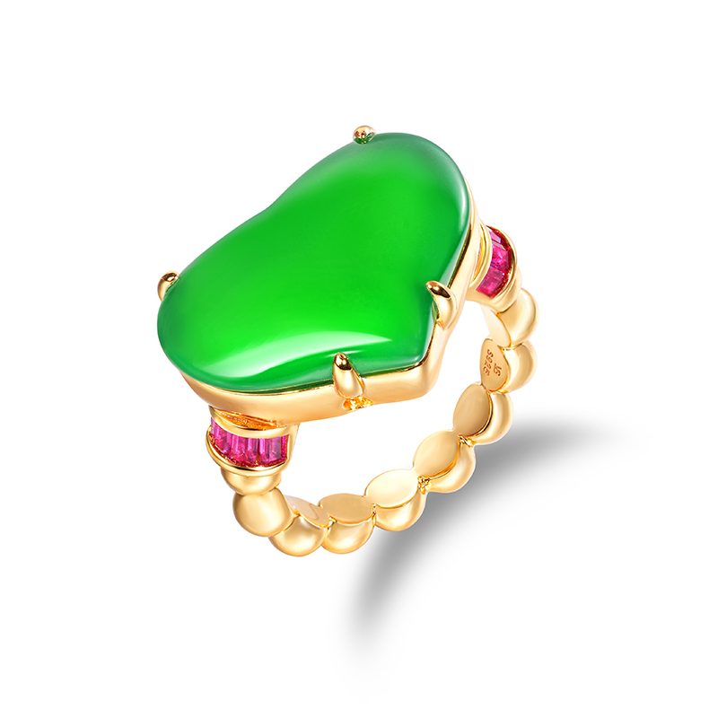 VISING珠宝绿玉髓玛瑙爱心戒指金色指环