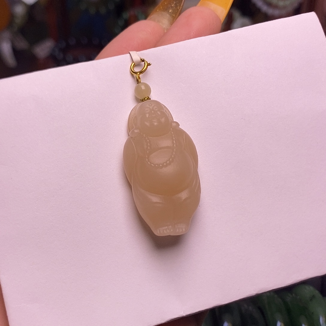 和田玉未镶嵌颈饰藕粉老矿料红粉金镶逍遥佛