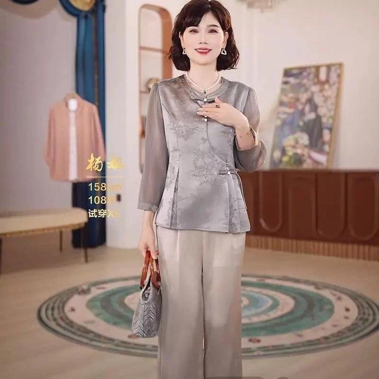 2024新款洋气秋装中年妈妈套装国风小衫t恤中老年女装两件套气质