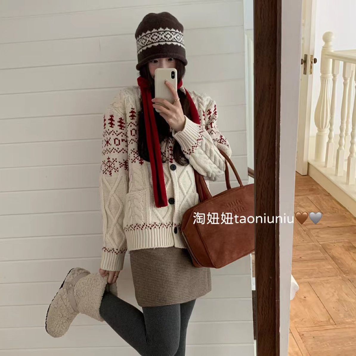 【DMJ】复古软糯费尔岛新年红白色圣诞提花设计感毛衣女慵懒宽松针