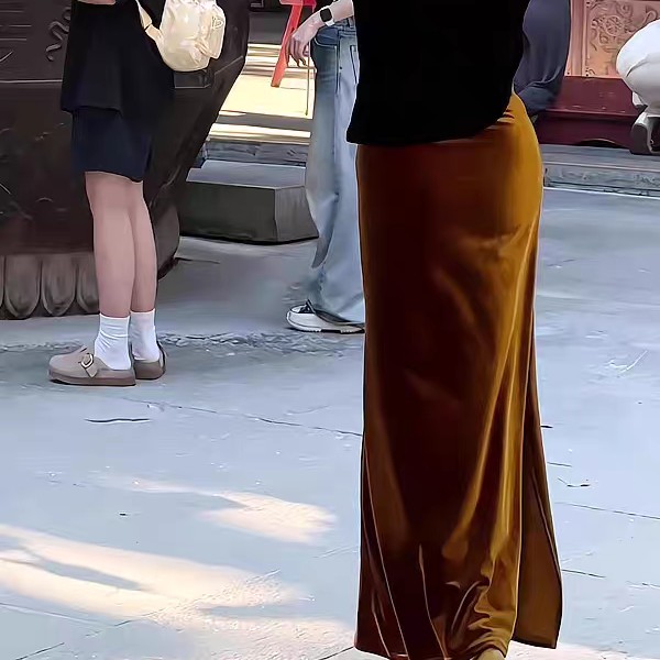 松紧腰珠光醋酸丝绒高腰显瘦百搭法式长款半身裙秋冬气质裙子