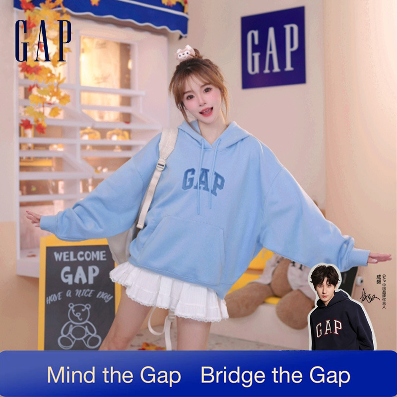 【成毅代言】Gap冬季新款贴布绣抓绒美式宽松休闲连帽卫衣792505