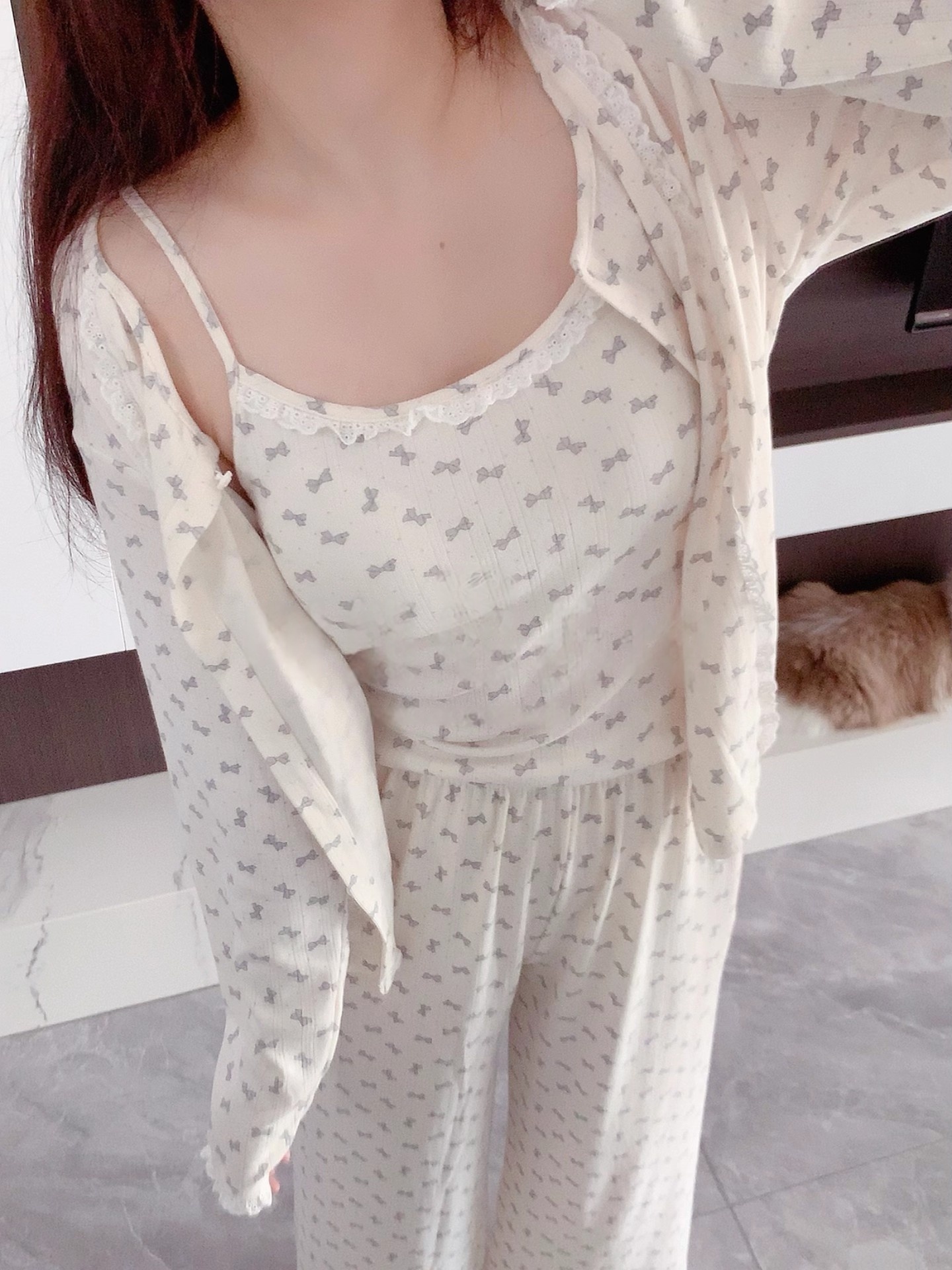素雅蝴蝶结针织棉睡衣女秋季温柔纯欲蕾丝三件套吊带长袖家居服套