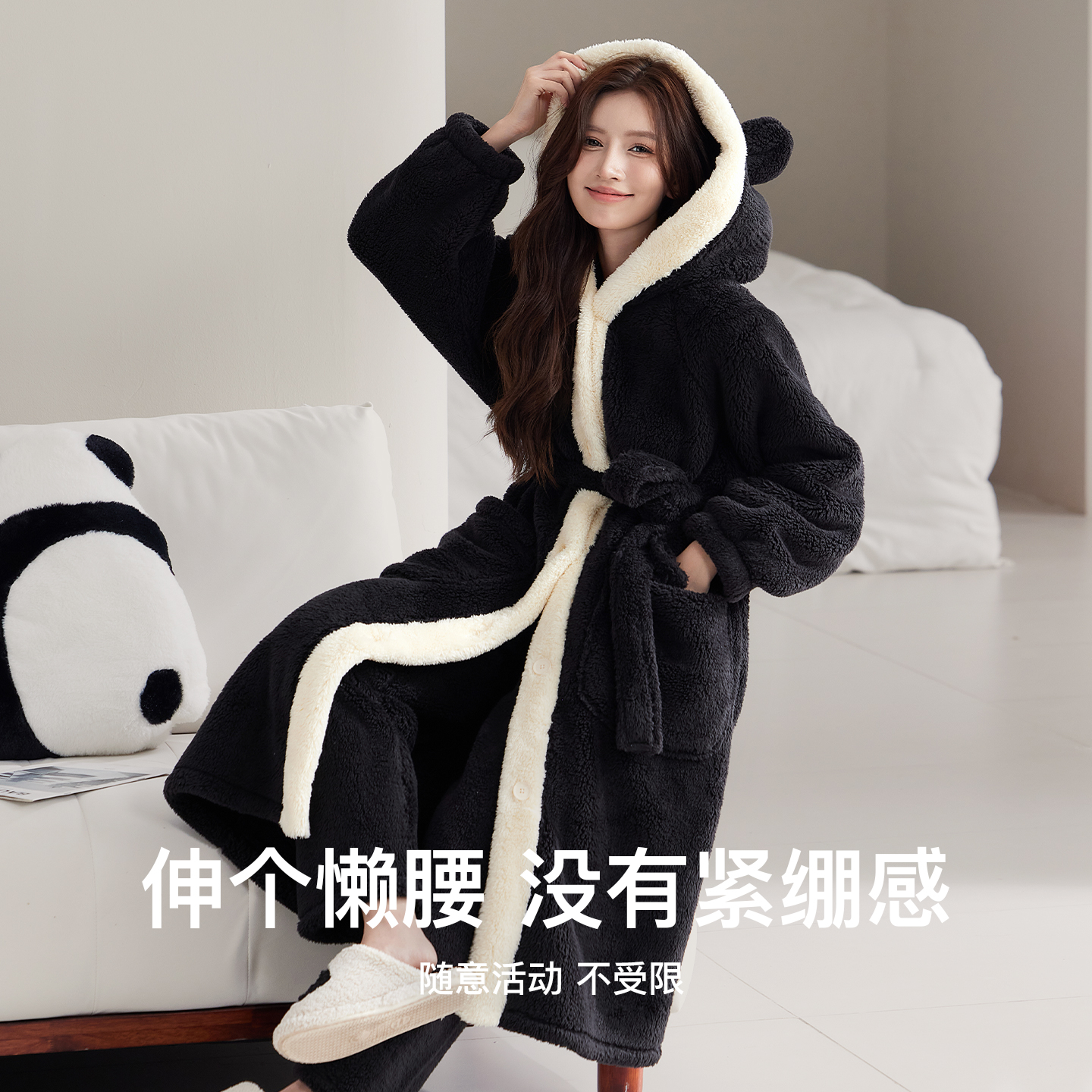 睡衣女秋冬季珊瑚绒睡袍浴袍黑色连帽保暖加厚长款家居服可外穿