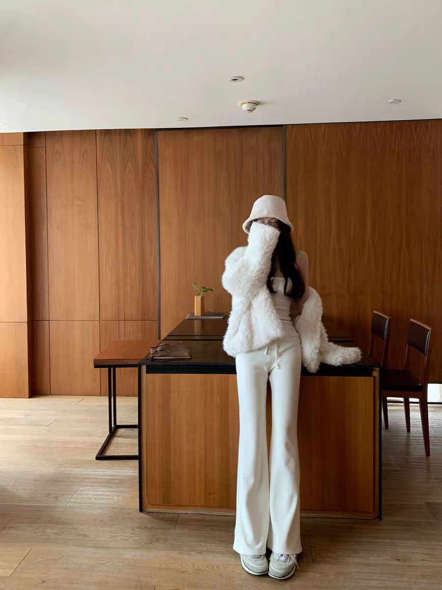 自制款 白色加绒加厚休闲裤女秋冬抽绳中低腰包臀喇叭裤