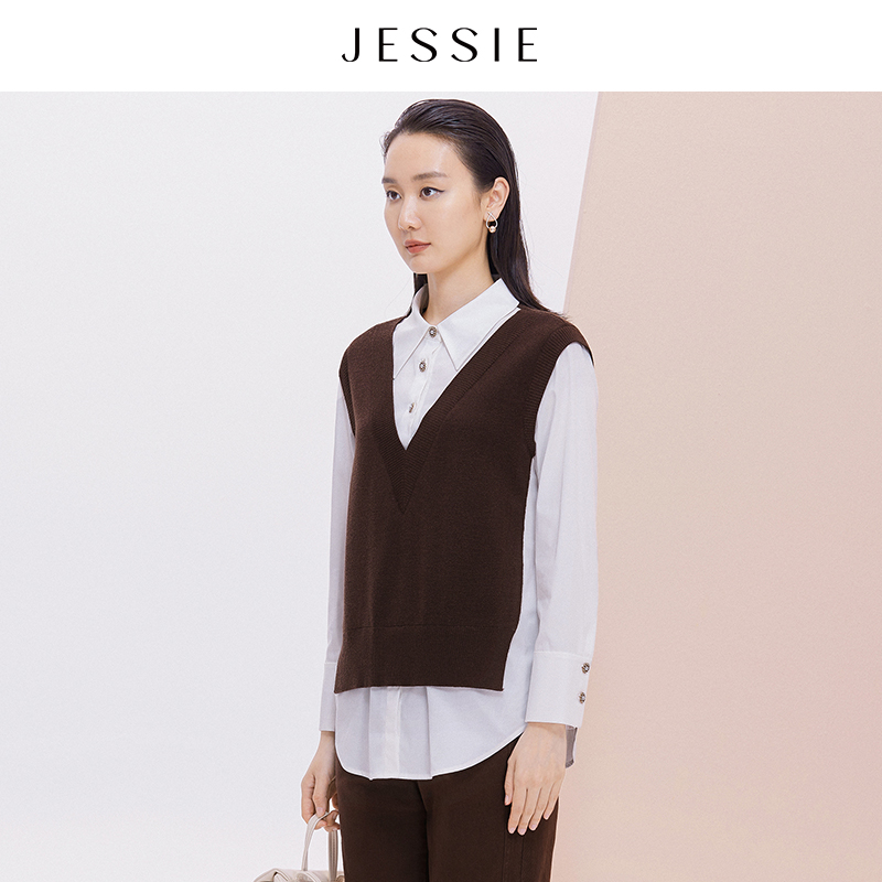 【粉丝专属】【商场同款】JESSIE气质POLO领拼接假两件长袖针织毛衫20