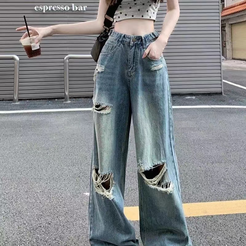 (后A) 高腰牛仔裤女2025宽松牛仔长裤直筒牛仔破洞拖地裤薄款