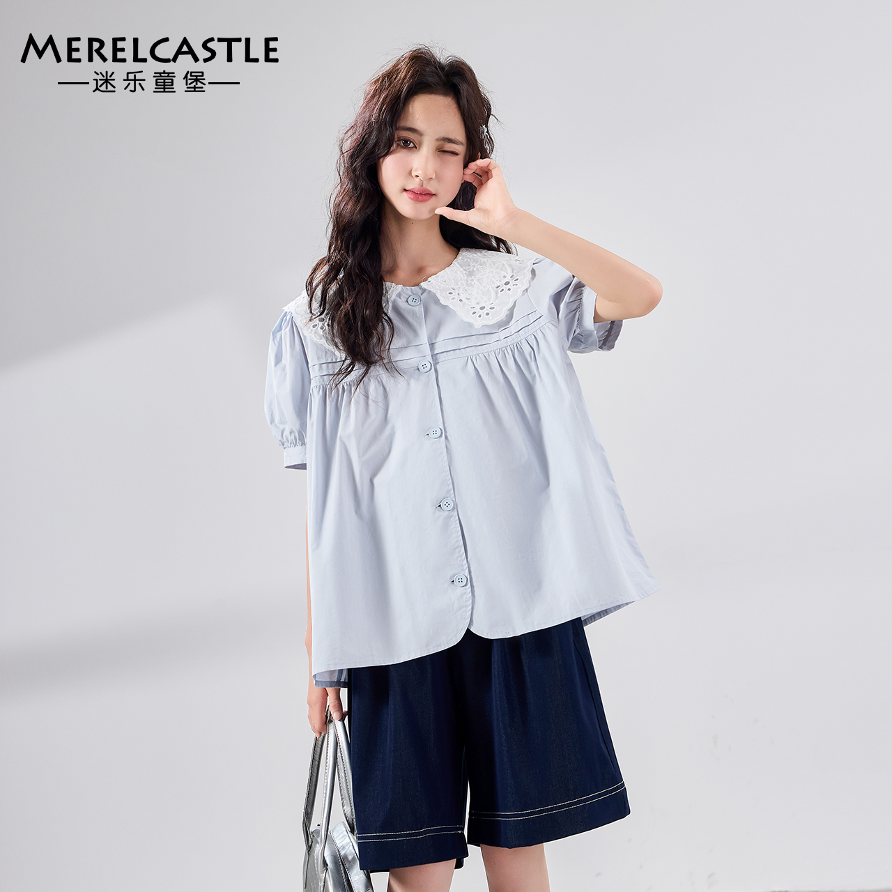 C5097女童夏季洋气娃娃衫大童初中生韩版娃娃领上衣青少年半袖衫