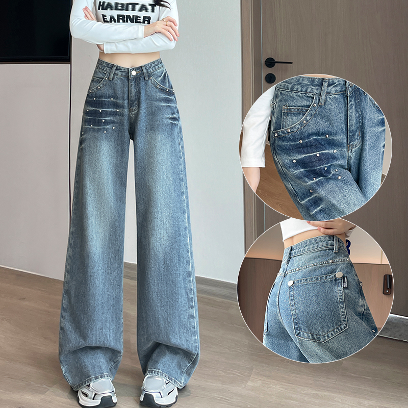 竹节蓝宽松百搭美式复古铆钉直筒阔腿牛仔裤秋装女款爆款2025新款