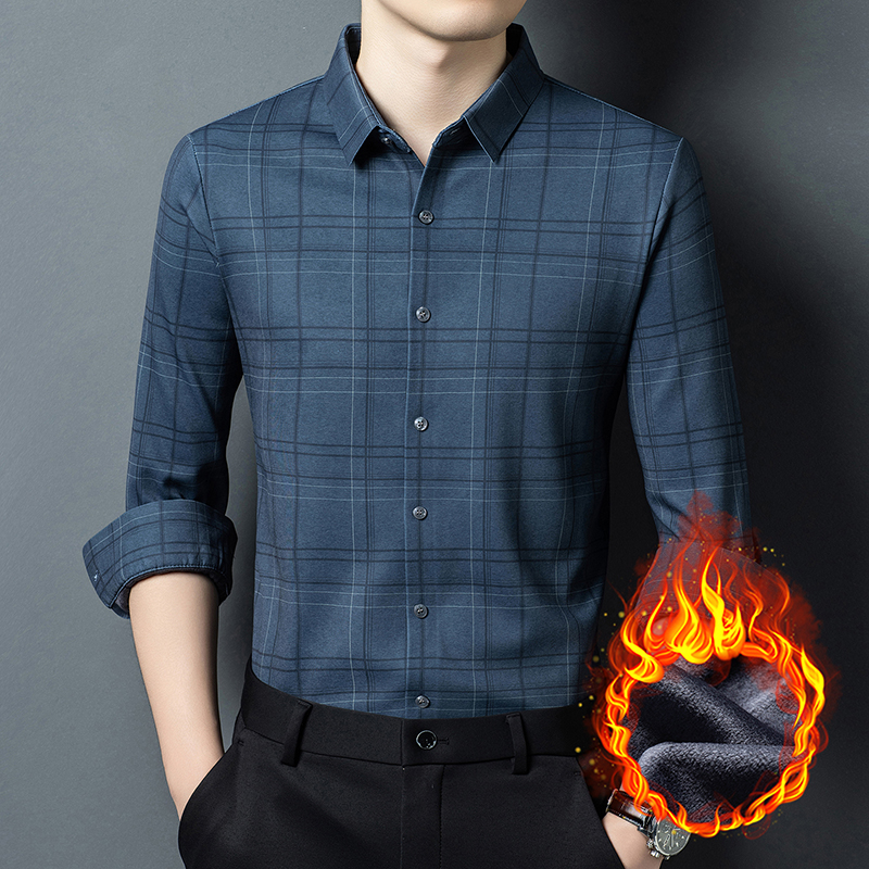 长袖加绒加厚款冬季中老年男士条纹衬衫秋冬高弹百搭时尚爸爸衬衣