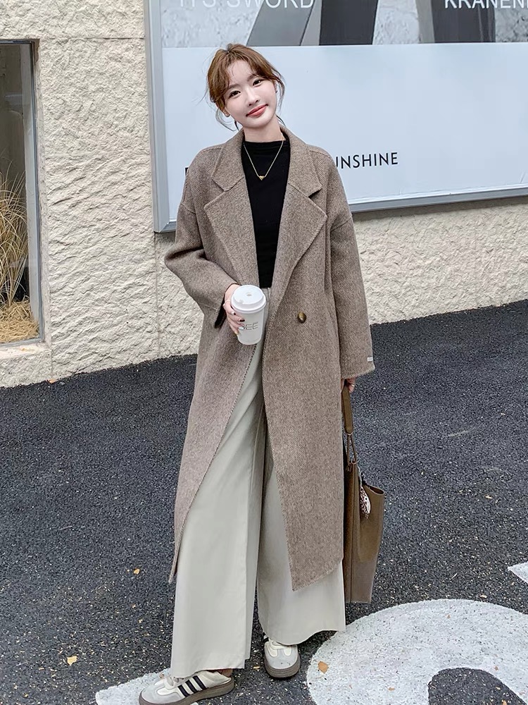 1614 燕麦色双面羊绒羊毛大衣长款秋冬韩版高级感气质毛呢外套