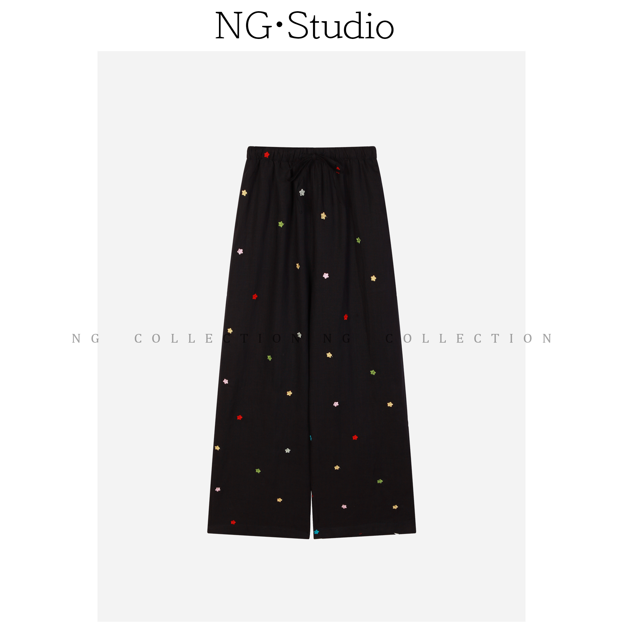 【NG·Studio】松紧腰抽绳刺绣垂感休闲显瘦阔腿直筒裤NGX5XXK2700