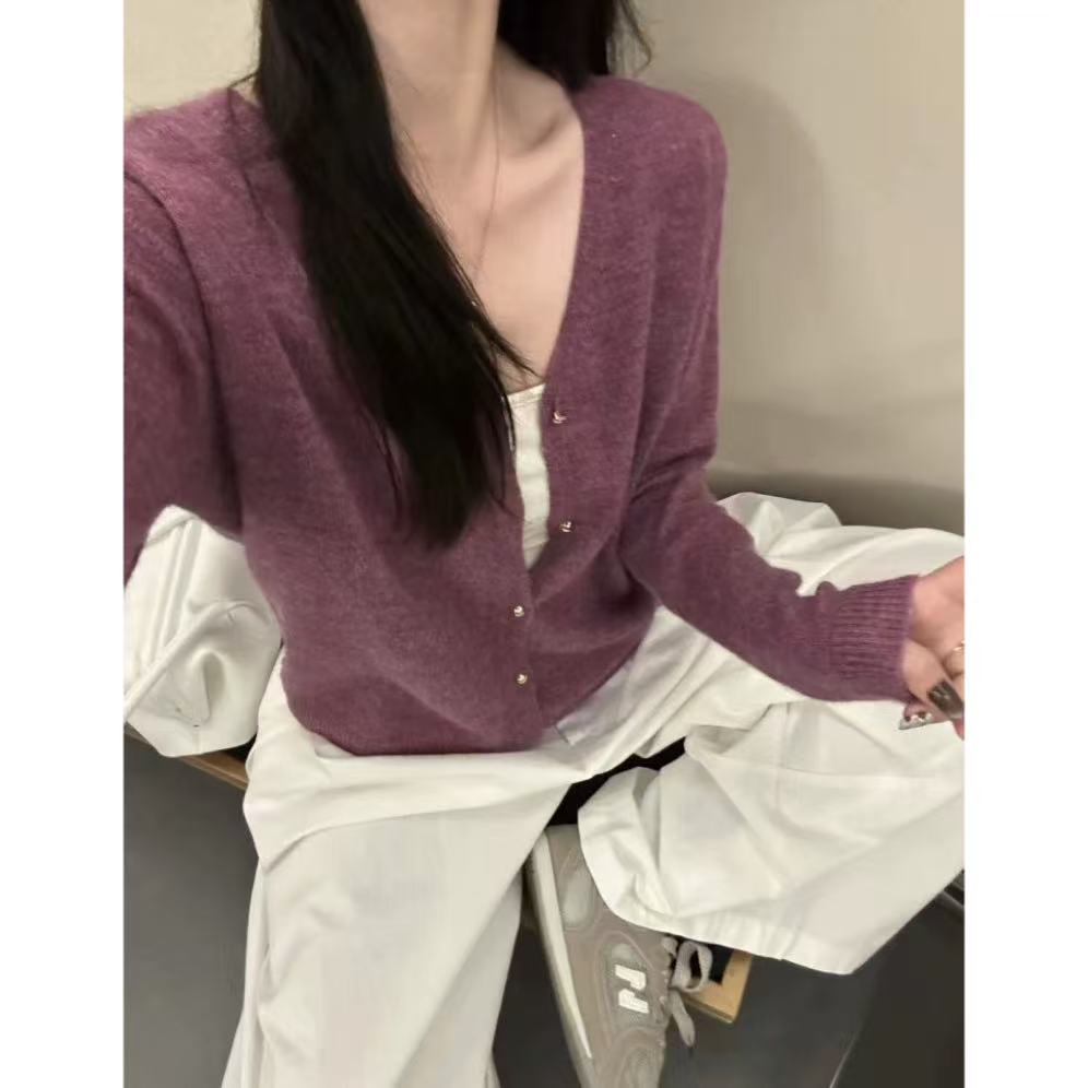 丽丽家~贵妇紫显瘦长袖百搭薄款宽松纯色开衫上衣
