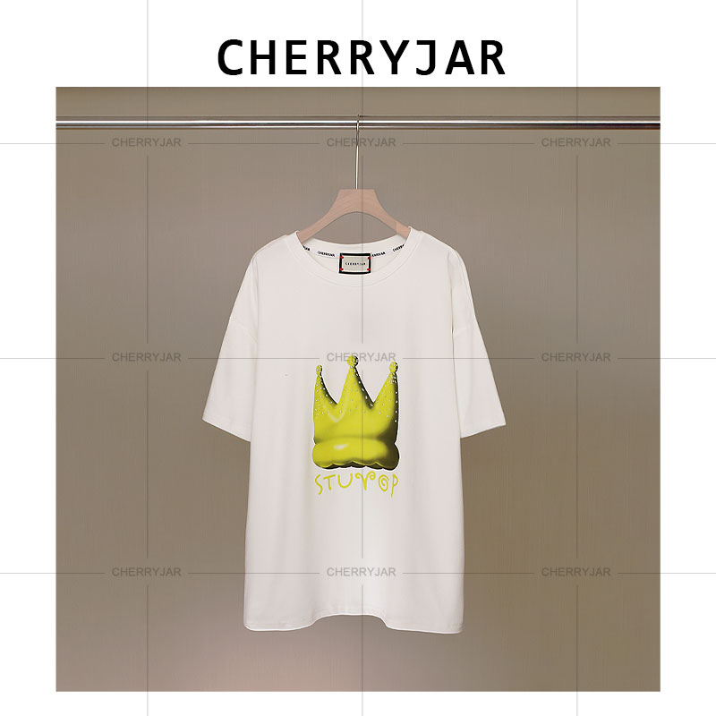 Cherryjar【25567】时尚皇冠印花钉珠点缀夏季宽松圆领卡通