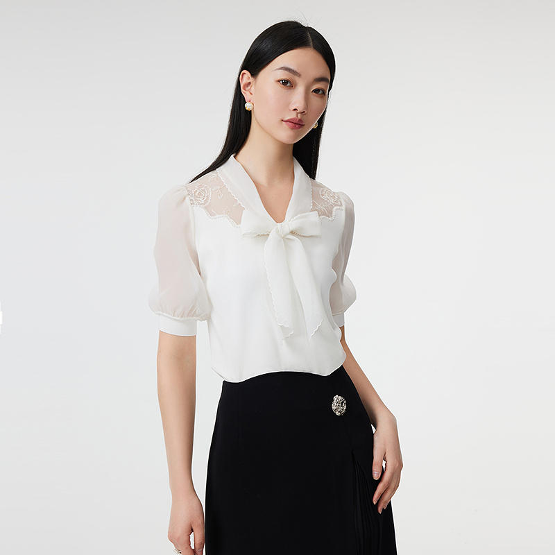 芭蒂娜蝴蝶结飘带领衬衫上衣女白色雪纺衫142Q301
