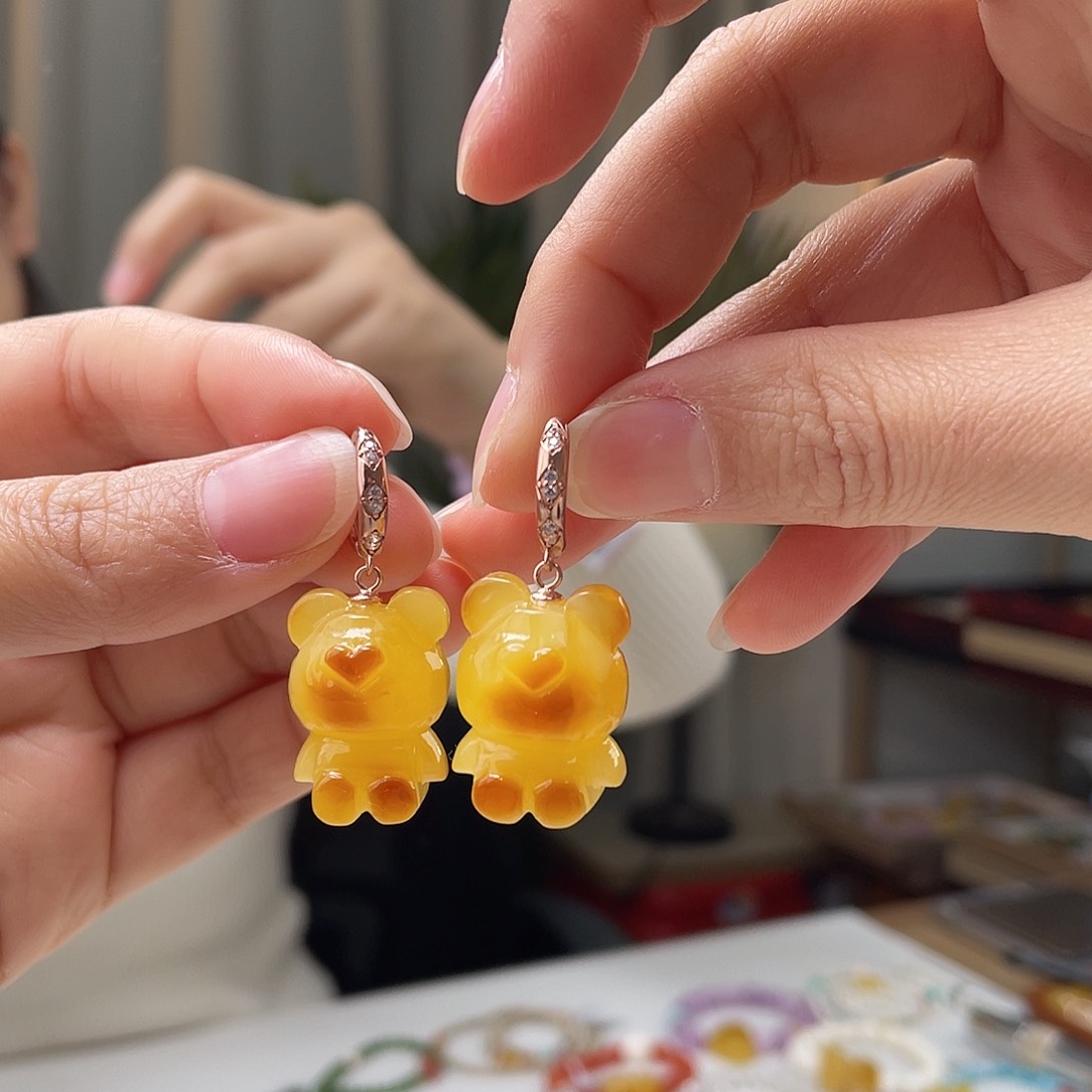 琥珀裸石银S925镀金镶嵌蜜蜡耳环