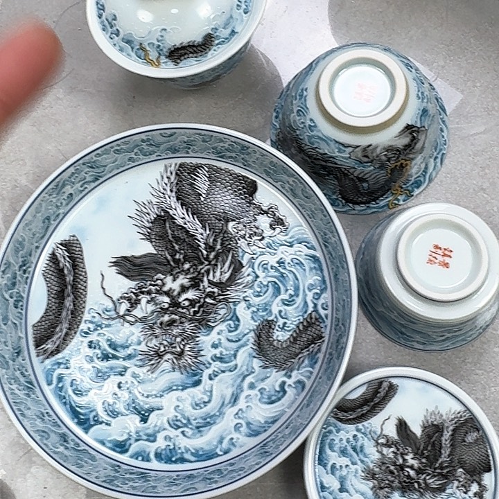 瓷片墨龙游海5件套景德镇