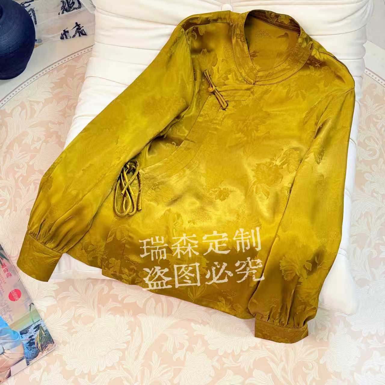 617 中式国风立领斜襟长袖茶艺衬衫T恤上衣-胸围106-前长60-后64