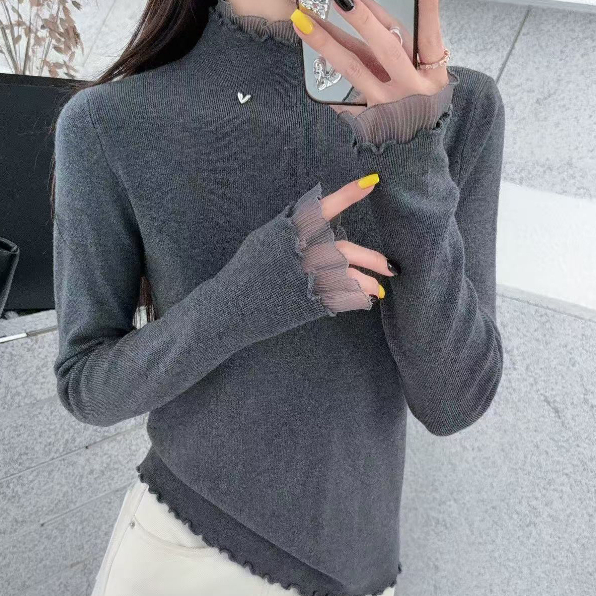 秋冬木耳边半高领针织打底衫女修身显瘦软糯内搭长袖百搭毛衣8770
