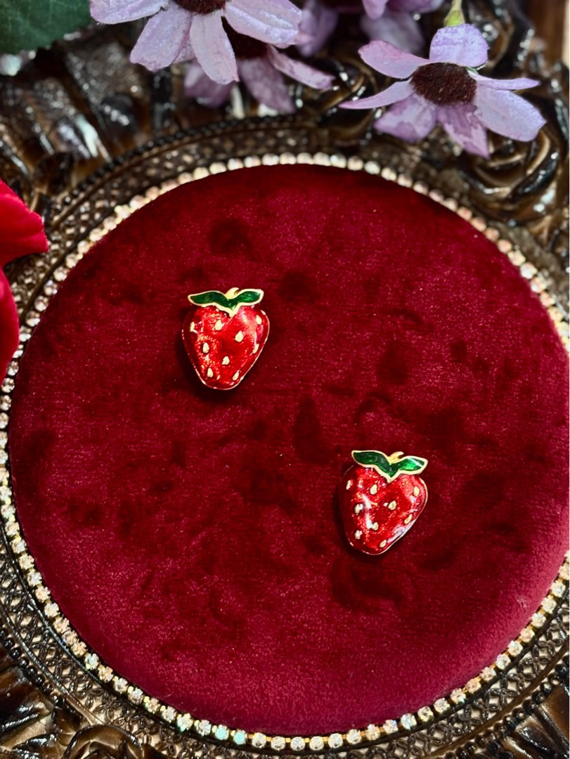 合金珐琅耳饰 vintage中古首饰雅*芳Av*on红色珐琅草莓耳钉