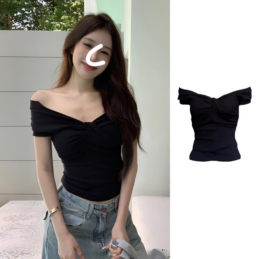 2025夏季前后两种穿法新款百搭锁骨小众设计感短袖显瘦纯欲纯色女