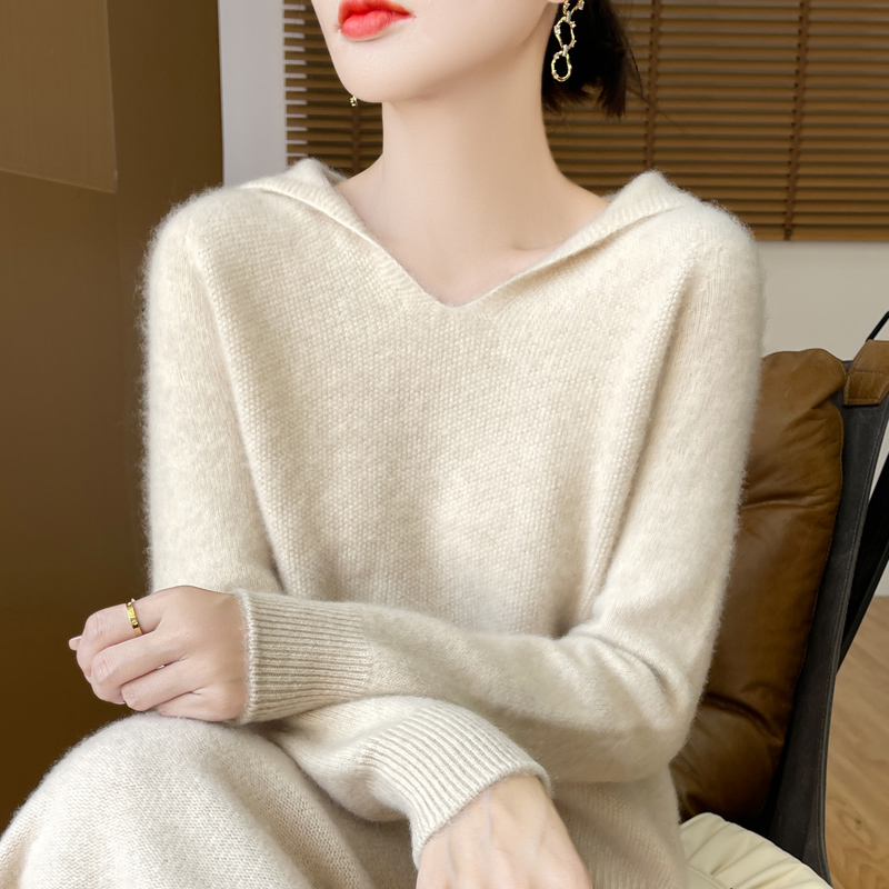精致百搭~桂花针一线成衣100羊毛衫 连帽V领针织衫厚款毛衣女宽松