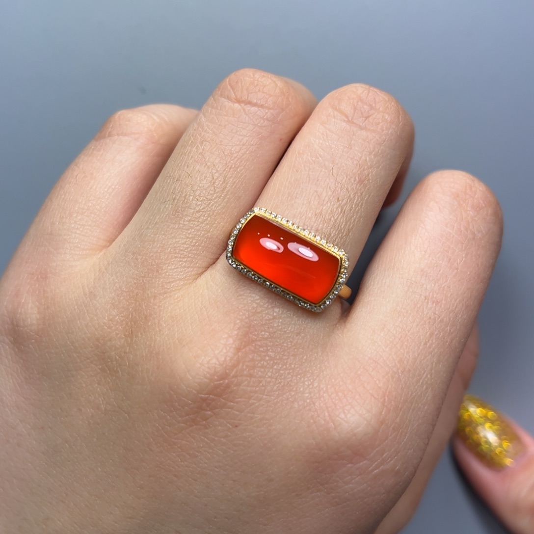 南红玛瑙冰红戒指河湾18K金镶嵌