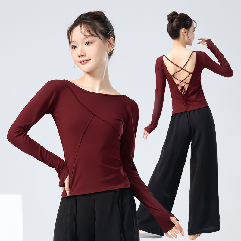 24683练功服女秋季新款长袖上衣修身绑带镂空舞蹈服集训形体服装