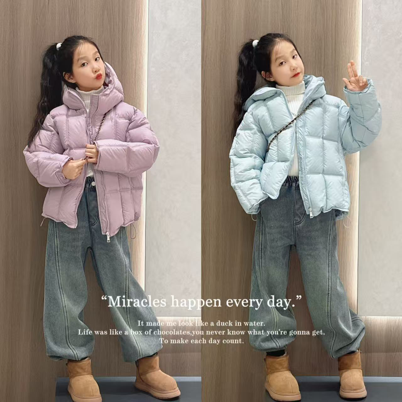 女童冬季休闲泡芙格连帽棉衣中大童洋气面包服儿童冬装加绒牛仔裤