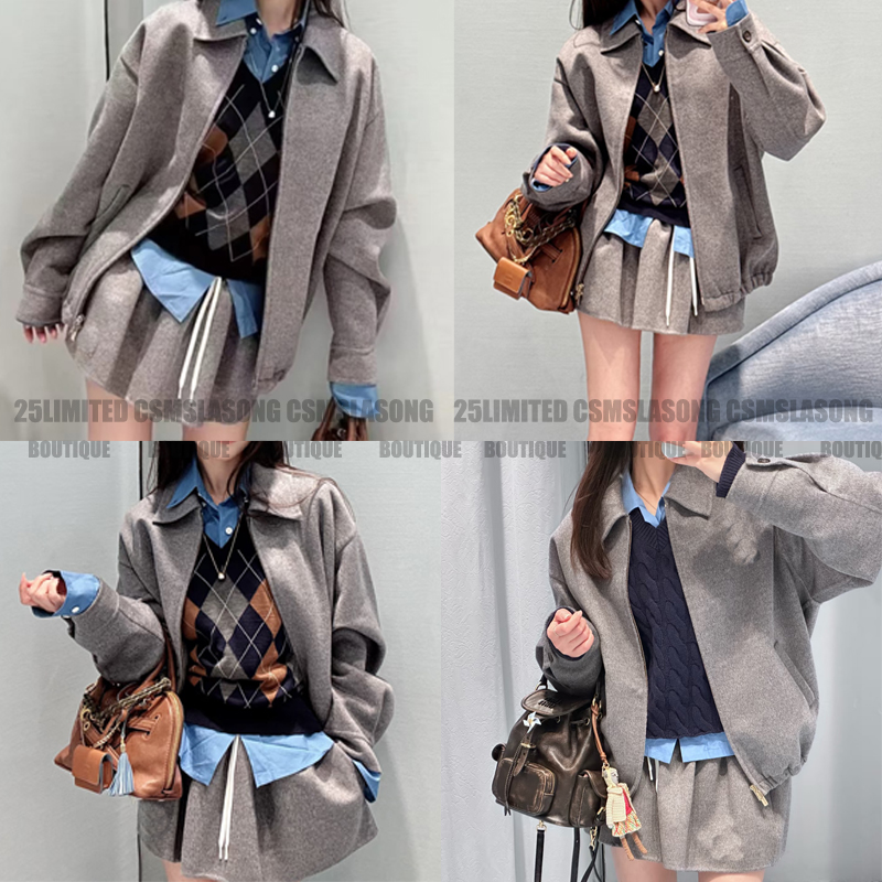 新一季时髦灰色look翻领双面呢夹克套装MM好穿又减龄