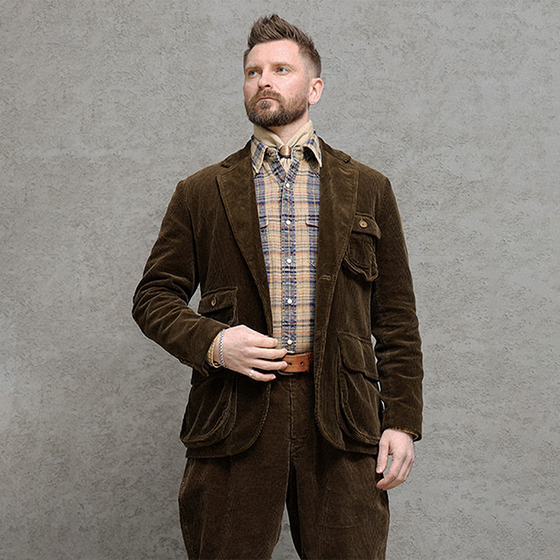 西里布C135美式复古全棉灯芯绒猎装西服外套条绒休闲灯芯绒外套