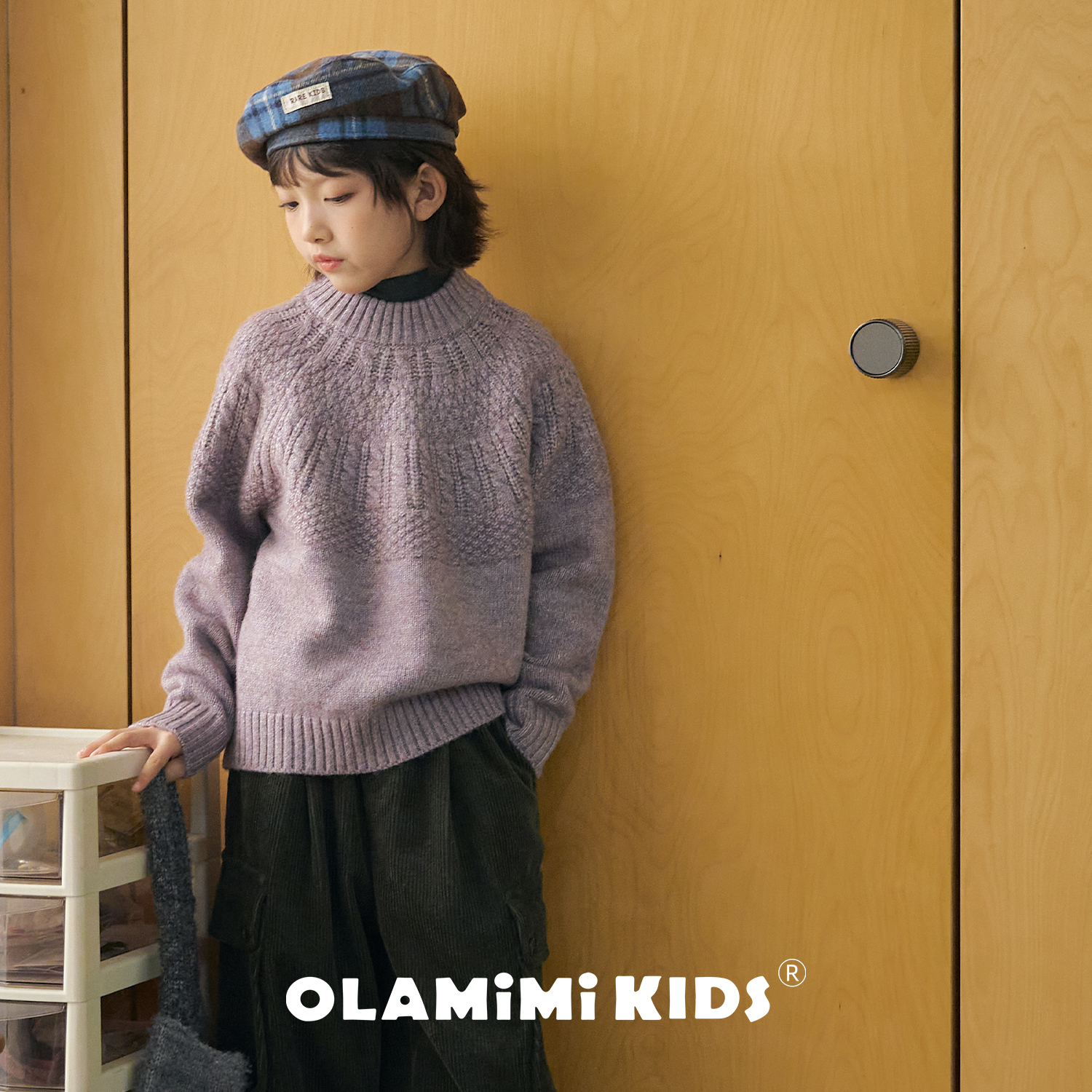 OLAMIMI 2025秋冬儿童亲子南法晨雾紫绞花圆领毛衣套头针织衫