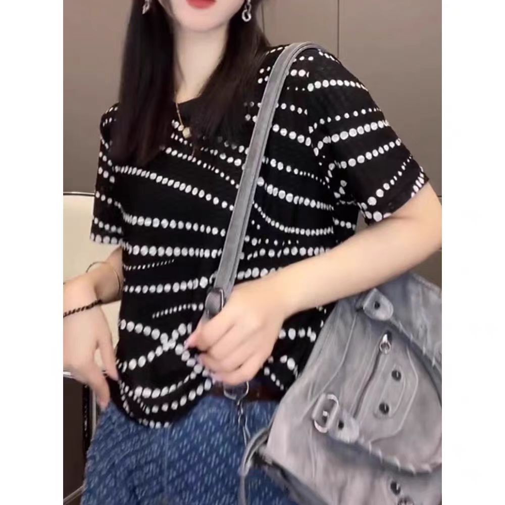常规休闲风圆领短袖拼接波点T恤小众印花打底宽松-DACZ99910