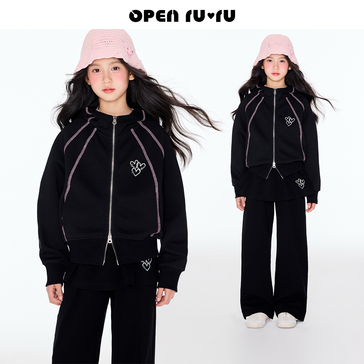 Opennunu女童爱心印花连帽上衣春季儿童设计感黑色运动卫衣外套