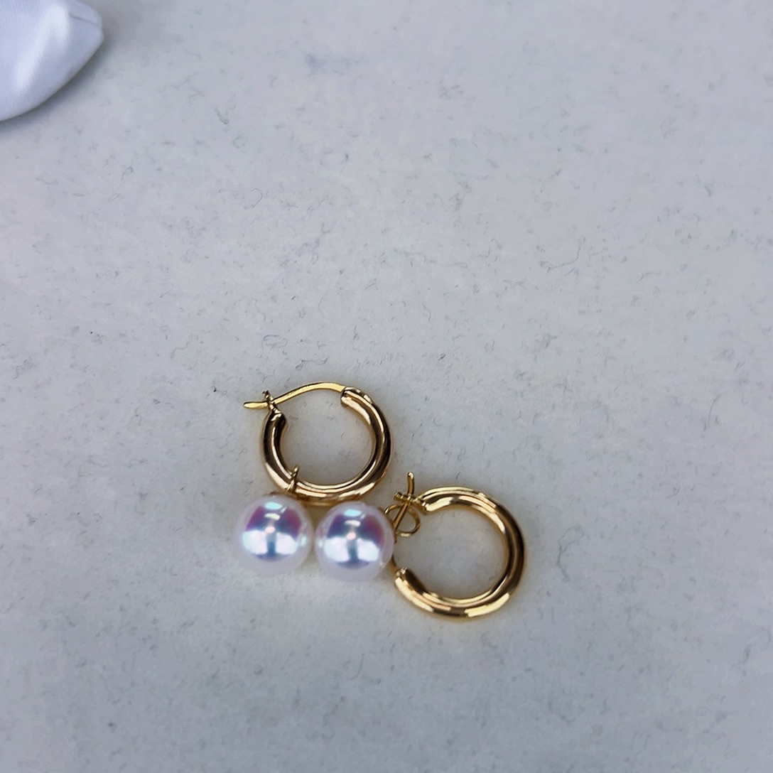 海水珍珠海水akoya许红豆耳扣7.5-8mm18K金镶嵌