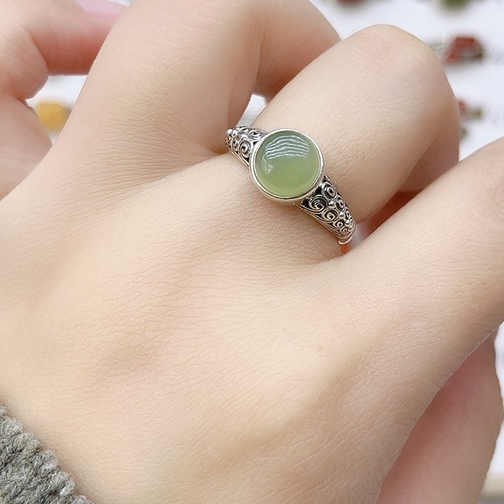 和田玉戒指银S925镶嵌天然