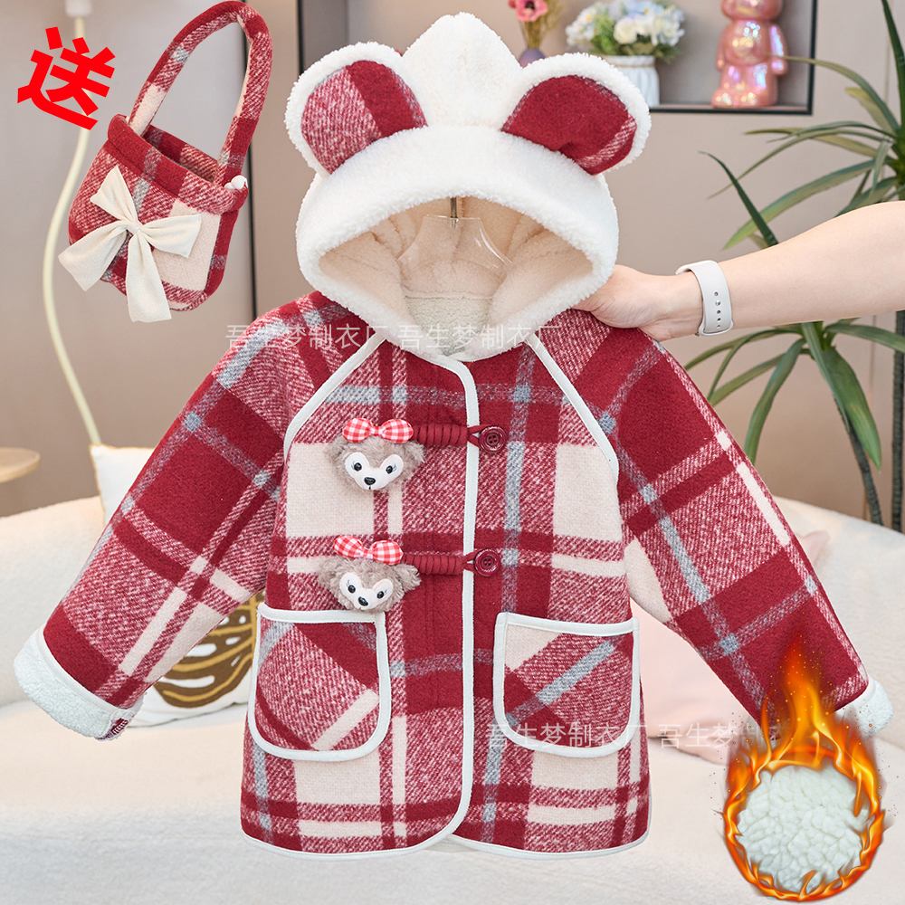 亲子装冬季新款女童洋气连帽加绒外套母女装中长款加厚毛呢大衣潮