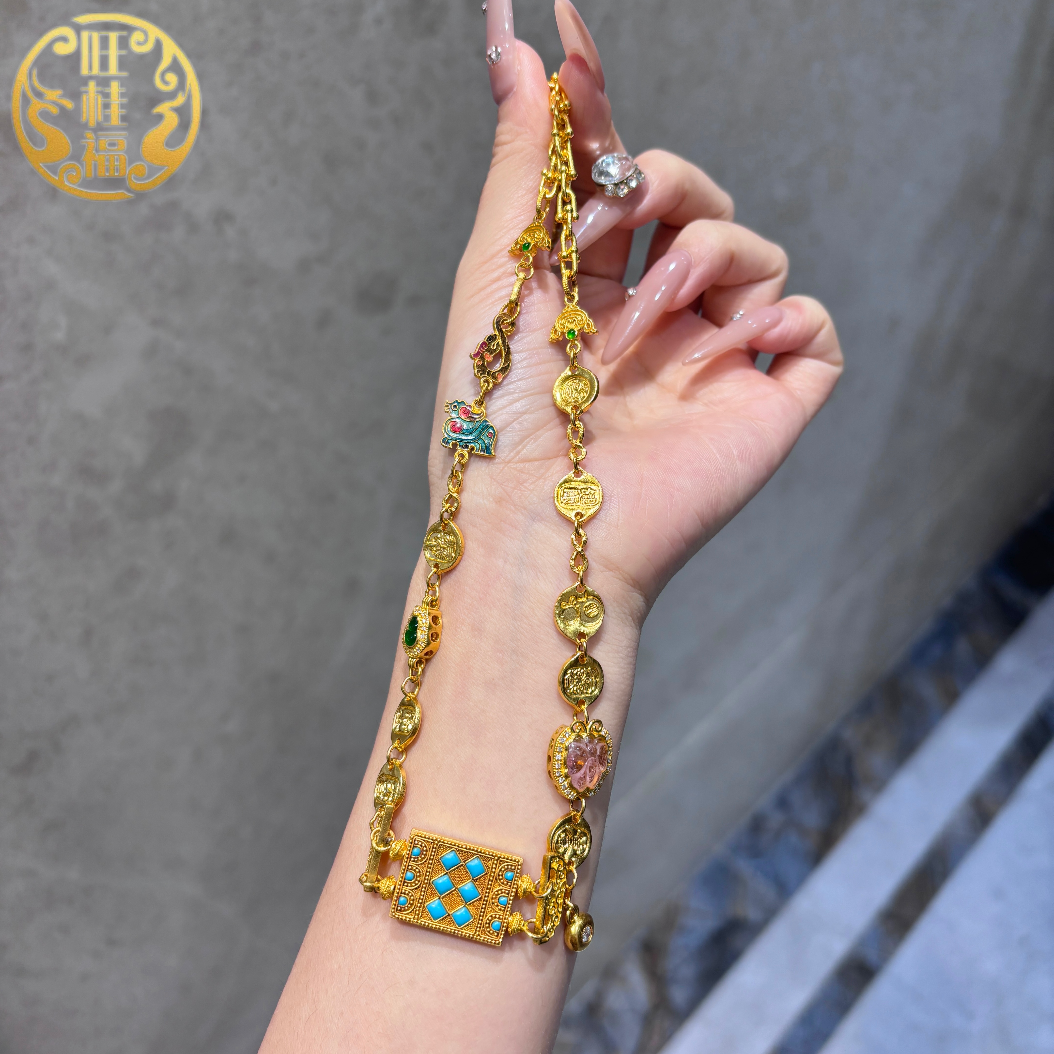 旺桂福传承珠宝足金四方如意炸珠锁骨链62.75克50cm