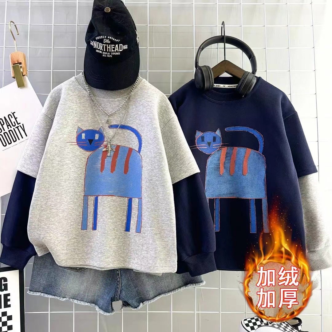 (加绒)儿童条纹卡通假两件休闲卫衣冬季男女童洋气时尚拼接